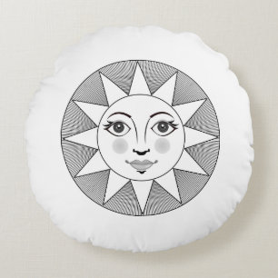 Smiling Sun Face Black and white Astronomy Symbol Round Cushion