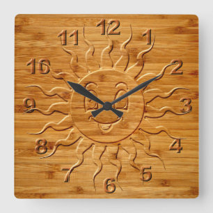 Smiling Sun Face Carved In Wood Print Square Wall Clock