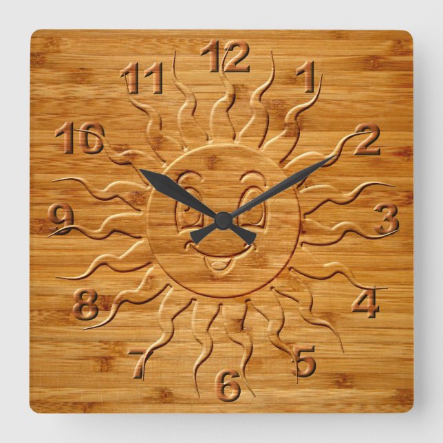 Smiling Sun Face Carved In Wood Print Square Wall Clock (Front)