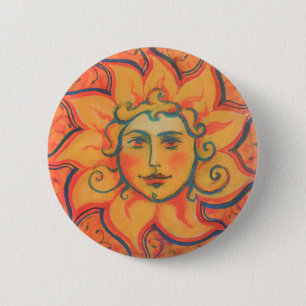 Smiling Sun, Fairytale Fantasy Art, Orange Yellow 6 Cm Round Badge