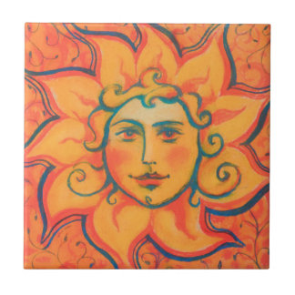 Smiling Sun, Fairytale Fantasy Art, Orange Yellow Ceramic Tile