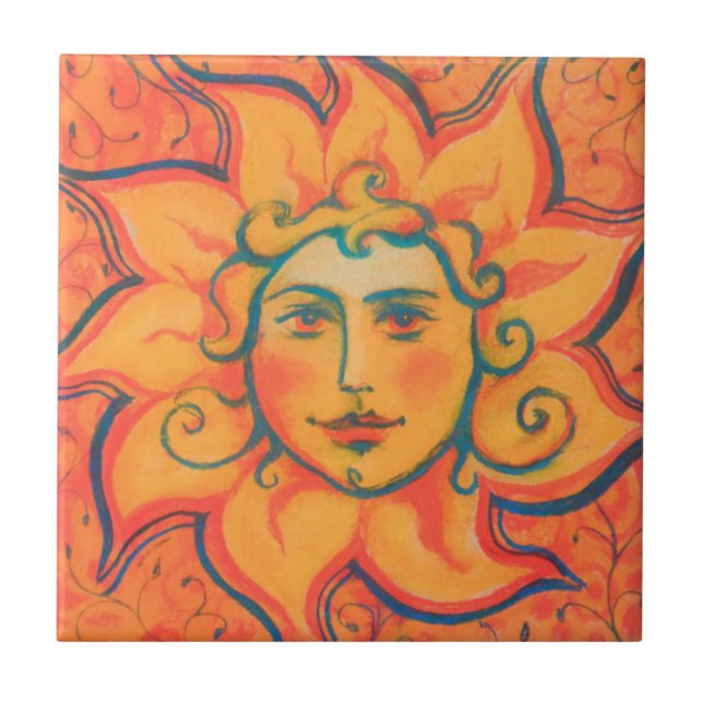 Smiling Sun, Fairytale Fantasy Art, Orange Yellow Ceramic Tile (Front)