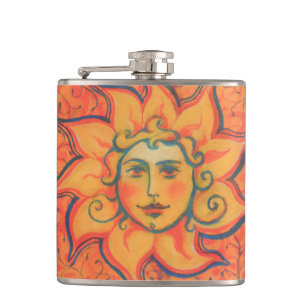 Smiling Sun, Fairytale Fantasy Art, Orange Yellow Hip Flask