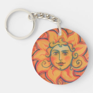 Smiling Sun, Fairytale Fantasy Art, Orange Yellow Key Ring