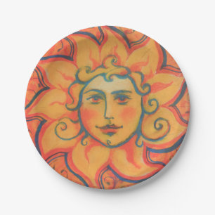 Smiling Sun, Fairytale Fantasy Art, Orange Yellow Paper Plate