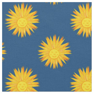 Smiling Sun on Blue-Modern Celestial Patterned Fabric