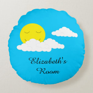 Smiling Sun with Clouds: Turquoise Round Cushion