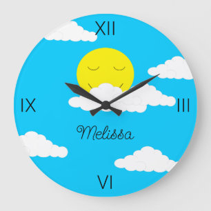 Smiling Sun with Puffy Clouds Large Clock