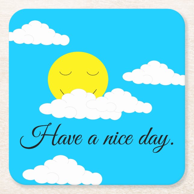 Smiling Sun with Puffy Clouds Square Paper Coaster (Front)