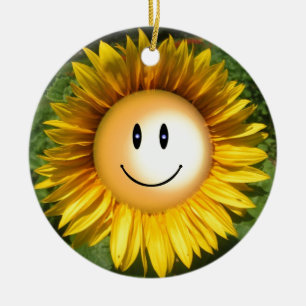 Smiling sunflower artistic illustration ceramic ornament