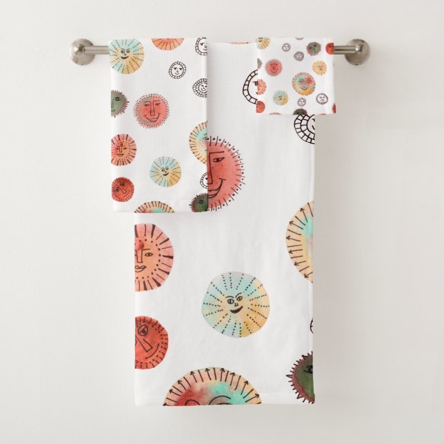 Smiling Suns Watercolor Whimsical Weird Pattern Bath Towel Set (Insitu)