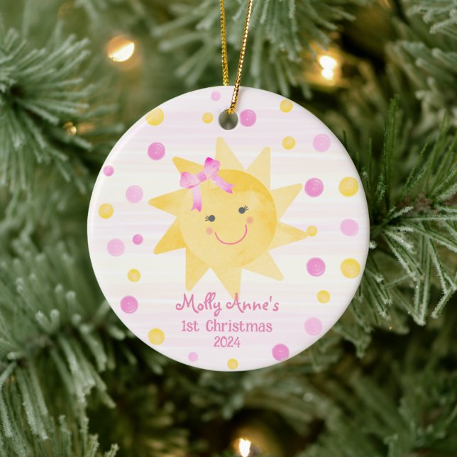 Smiling Sunshine with Bow Girls 1st Christmas Ceramic Ornament (Tree)