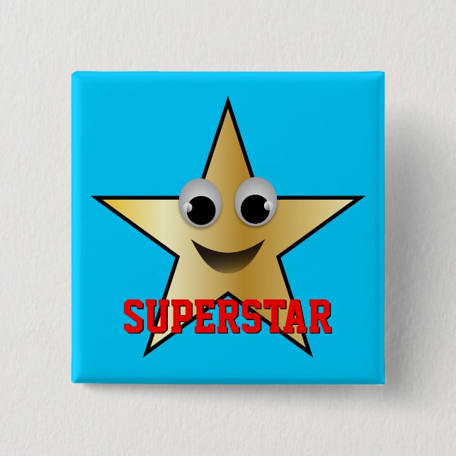 Smiling Superstar Character Gold Coloured 15 Cm Square Badge (Front)