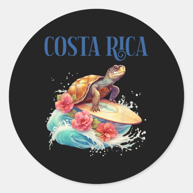 Smiling Surfing Beach Turtle Tropical Flowers Souv Classic Round Sticker (Front)