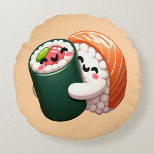 Smiling Sushi Hug Art for Food Lovers Round Cushion