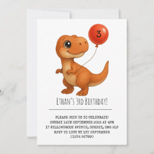 Smiling T-Rex with Red Balloon Birthday  Invitation