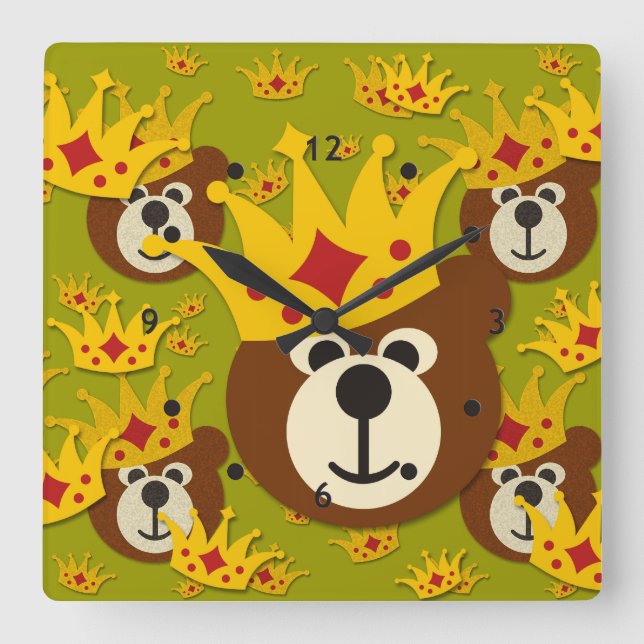 Smiling Teddy Bear with Crown Square Wall Clock (Front)