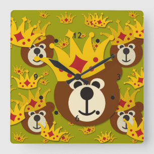 Smiling Teddy Bear with Crown Square Wall Clock