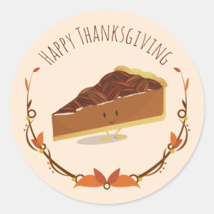 Smiling Thanksgiving Pecan Pie Slice Tan Brown Classic Round Sticker