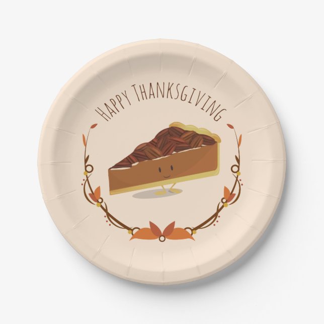 Smiling Thanksgiving Pecan Pie Slice Tan Brown Paper Plate (Front)