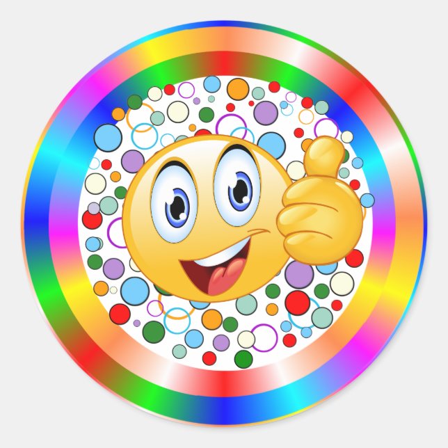 Smiling Thumbs up Emoji and Rainbow Circles Classi Classic Round Sticker (Front)
