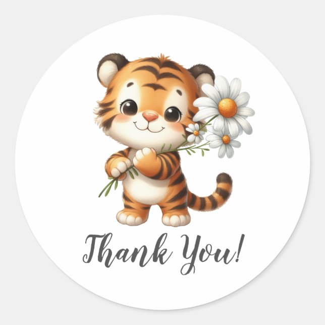 Smiling Tiger with Sunflowers Thank You Classic Round Sticker (Front)