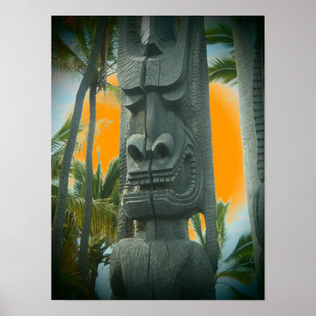 Smiling tiki statue tropical orange poster (Front)