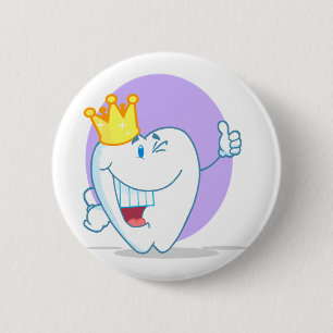 Smiling Tooth Cartoon Character With Golden Crown 6 Cm Round Badge