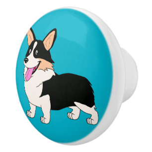 Smiling Tricolor Welsh Corgi Cartoon Ceramic Knob