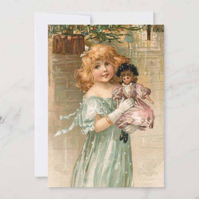 Smiling Victorian Girl with Doll at Christmas Ball Holiday Card (Front)