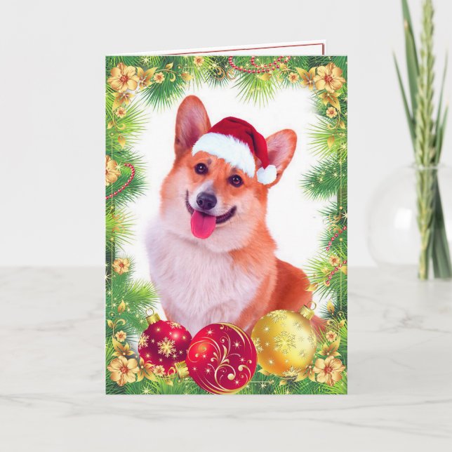 Smiling Welsh Christmas Corgi Holiday Card (Front)