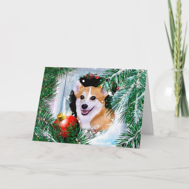 Smiling Welsh Corgi in the Winter Window Holiday Card (Front)
