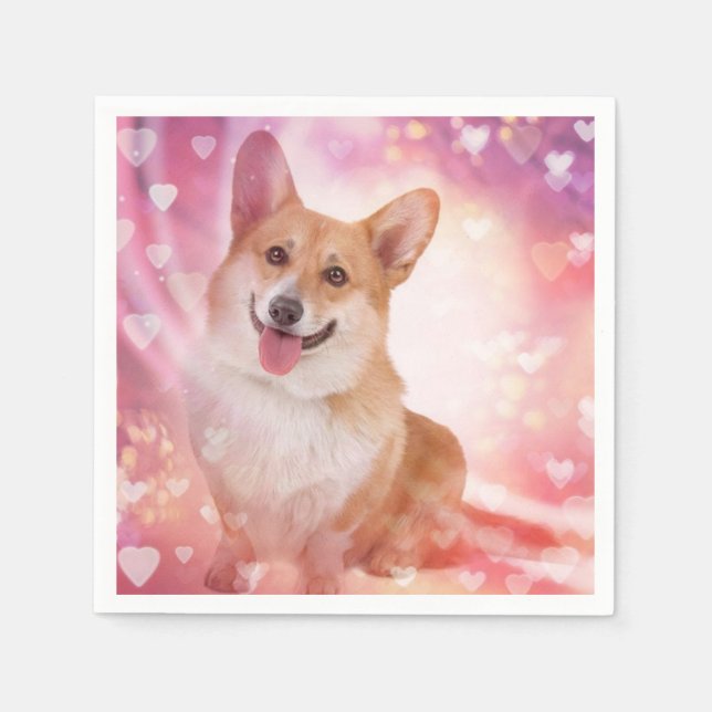 Smiling Welsh Corgi with Hearts Napkin (Front)