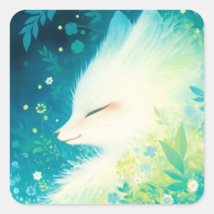 Smiling White Arctic Fox in Vibrant Garden Square Sticker