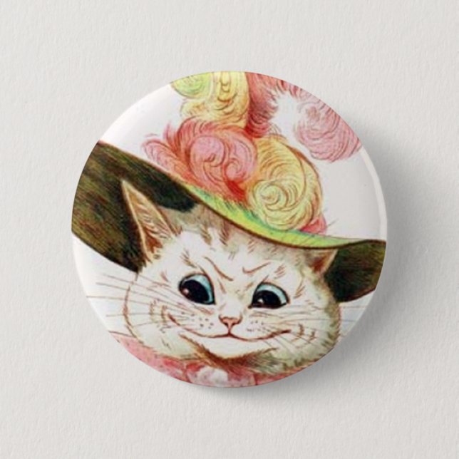 Smiling White Cat With Hat 6 Cm Round Badge (Front)