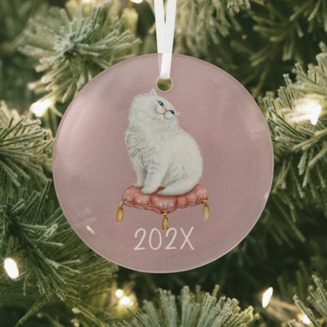 Smiling White Kitty Keepsake Customisable Year  Glass Tree Decoration (Insitu)
