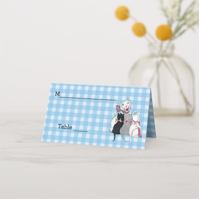Smiling White Mother Cat Three Kittens on Plaid Place Card (Front)