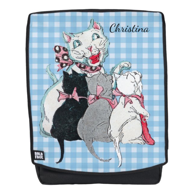 Smiling White Mother cat With Three Kittens Bows Backpack (Front)