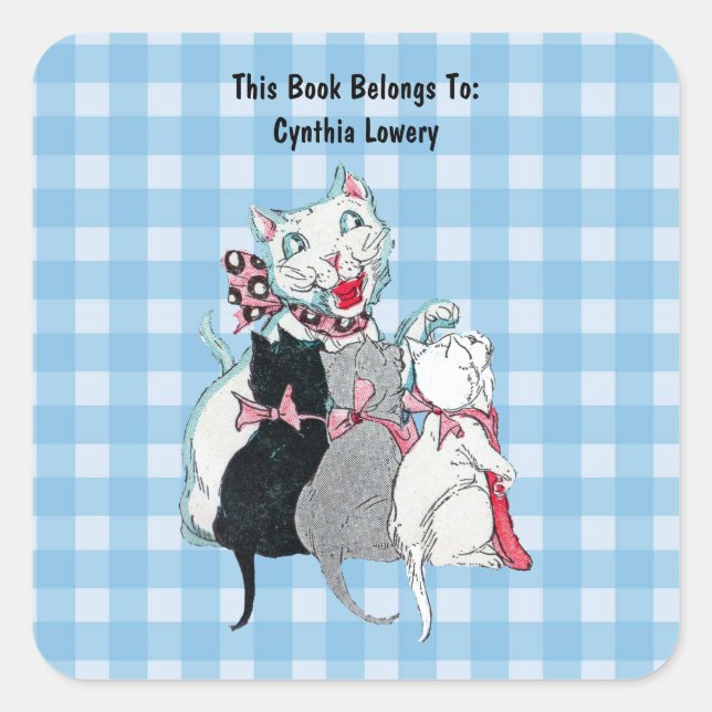 Smiling White Mother Cat With Three Kittens Plaid Square Sticker (Front)