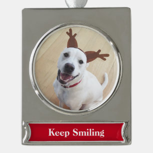Smiling White Reindeer Dog Encouraging Christmas Silver Plated Banner Ornament