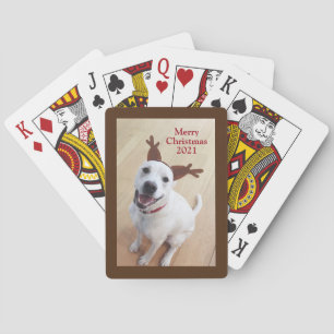 Smiling White Reindeer Puppy Dog Christmas Brown Playing Cards
