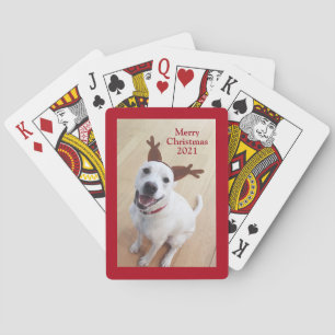 Smiling White Reindeer Puppy Dog Christmas Red Playing Cards