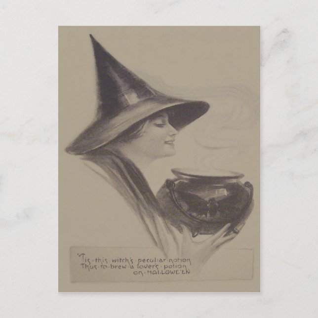 Smiling Witch Cauldron Spell Potion Sepia Postcard (Front)