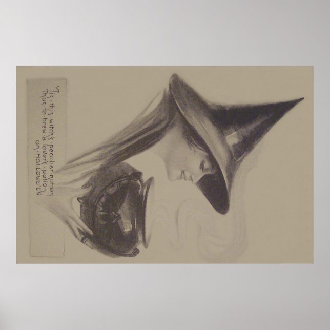 Smiling Witch Cauldron Spell Potion Sepia Poster (Front)