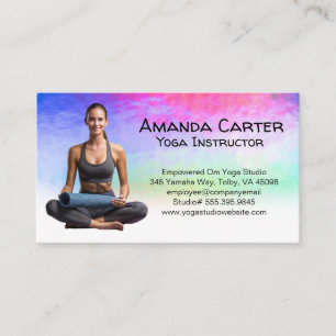 Smiling Woman Seated with Yoga Mat Business Card