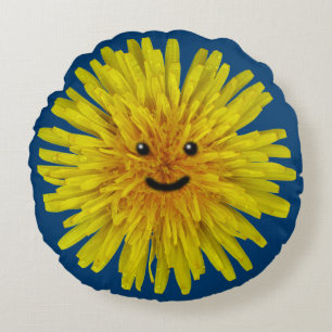 Smiling Yellow Dandelion Flower Boy on any Colour Round Cushion