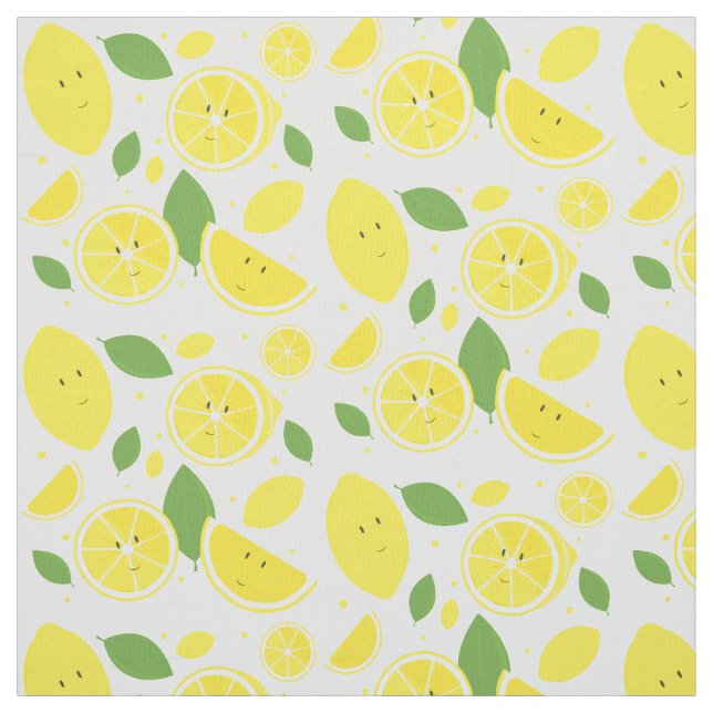Smiling Yellow Lemons Cartoon Pattern Fabric (Swatch)