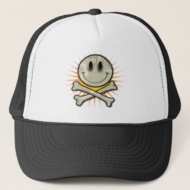 Smily Skull and Crossbones Trucker Hat (Front)