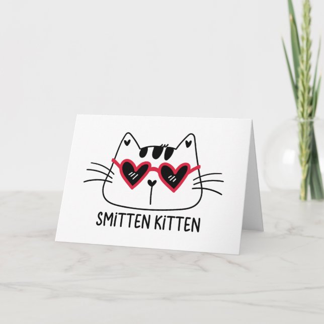 Smitten Kitten Valentines cat red heart sunglasses Holiday Card (Front)