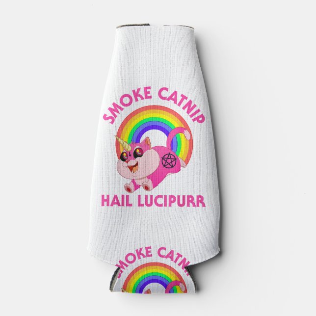 Smoke Catnip Hail Lucipurr, Funny Satan Cat Unicor Bottle Cooler (Front)